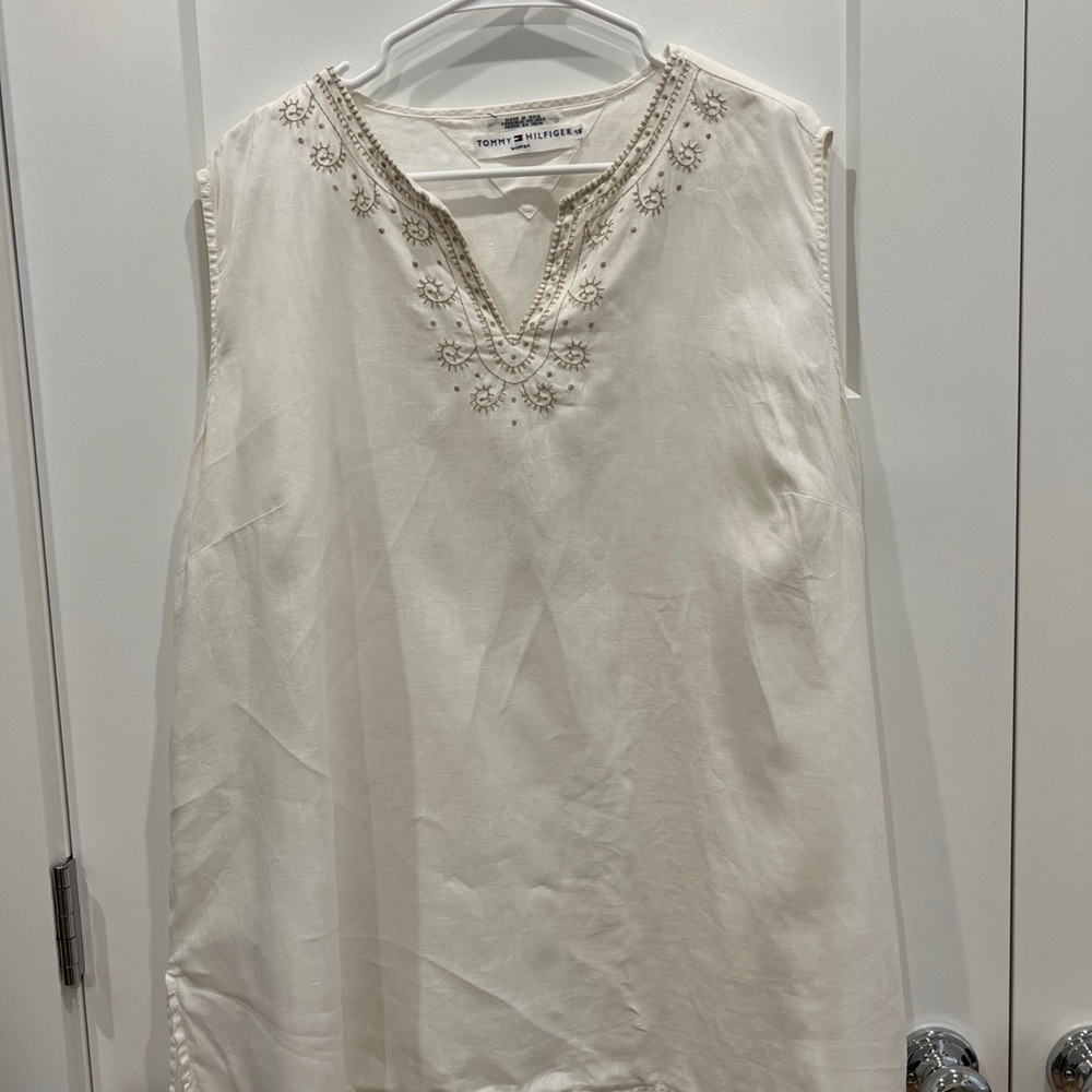 Tommy Hilfiger Ivory Linen Embroidered Sleeveless Top Size 18